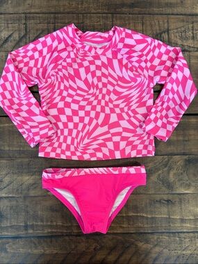 Wonder Nation 18M Pink Checkered Swirl Long-Sleeve Rashguard Swim Set